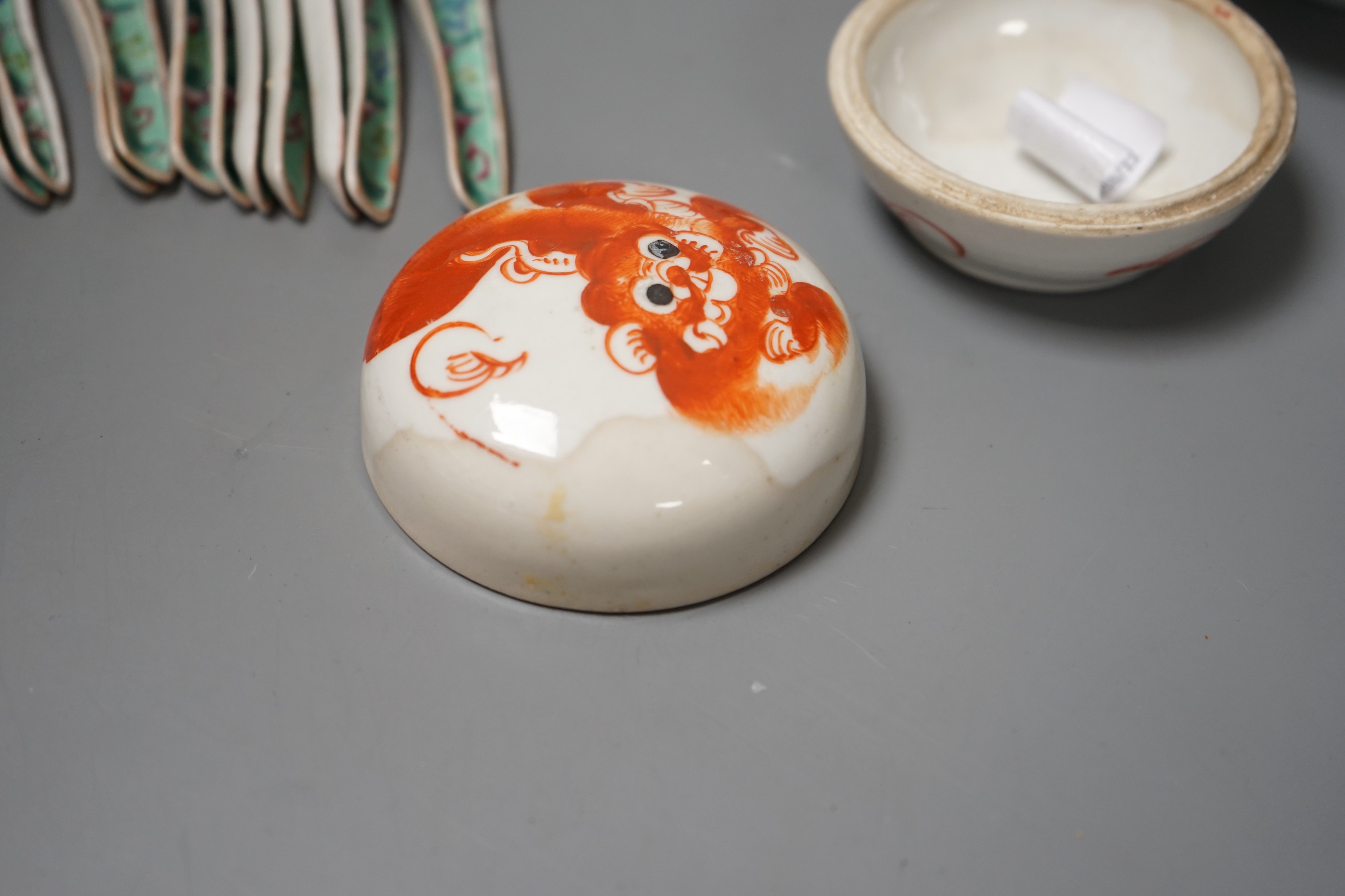 A group of 20th-century Chinese enamelled porcelain spoons, two stands a rice bowl and cover a box and cover and two other items